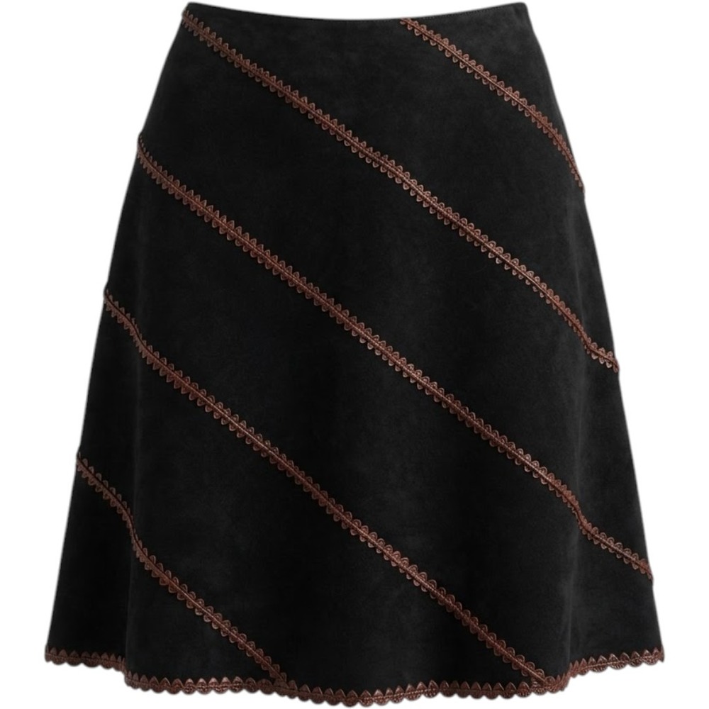 Vintage Karen Kane Sz 6 100% Suede Skirt Crochet Trim Boho Western Midi MINT
